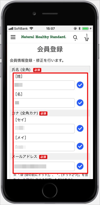 ナチュラルヘルシースタンダードミネラル酵素スムージーの会員登録画面に入力