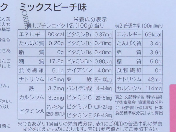 ミックスピーチ味の栄養成分表示