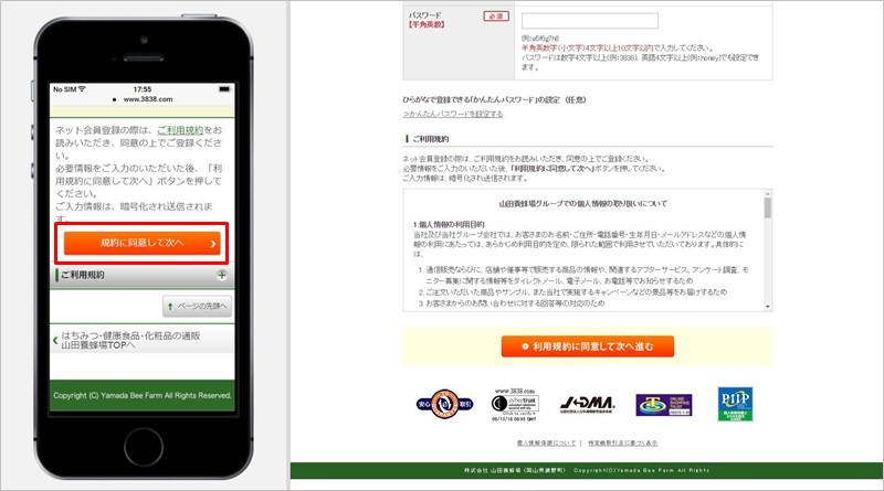 規約に同意して次へすすむ【はちみつ健康ダイエットの注文方法】